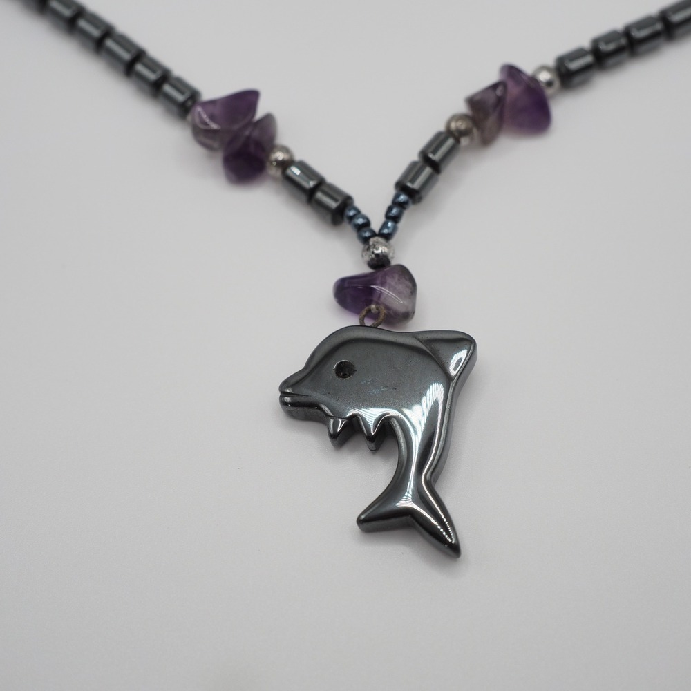 Dolphin Pendant Hematite Necklace Gray Purple Chip Beads Artisan Handcrafted